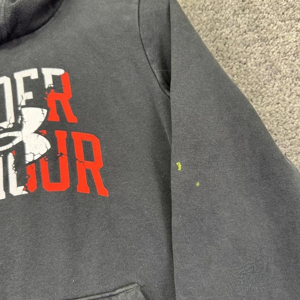 Under Armour Hoodie Boys Large Black Fleece Pullover Graphic Logo Kangaroo